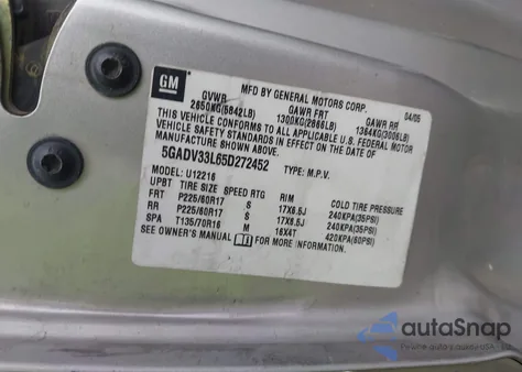 2005 Buick Terraza Cxl z USA, uszkodzony, nr VIN 5GADV33L65D272452